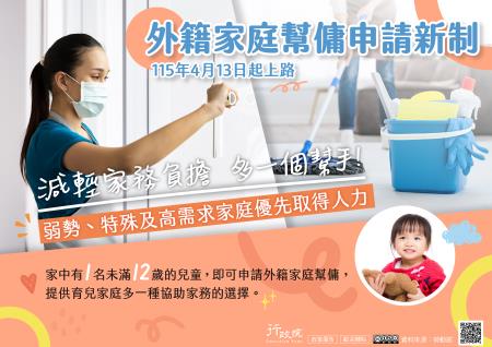 為減輕家庭家務負擔，並支撐勞工兼顧生活與工作、提供育兒家庭更多支持，政府自115年4月13日起實施外籍家庭幫傭申請新制，家中有1名未滿12歲兒童的家庭即可提出申請，增加協助家務的人力選擇；同時針對弱勢、特殊及高需求家庭，優先提供人力配置，打造更友善且有支持力的育兒環境。