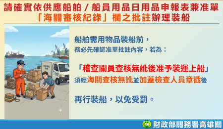 船舶需用物品裝船前，務必依海關批註內容辦理